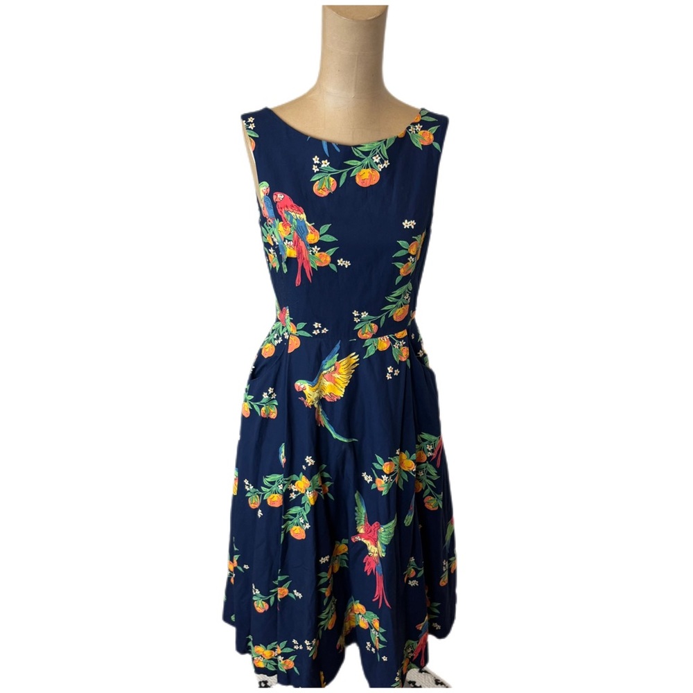 Emily and Fin Parrot & Fruit Navy Blue Dress Size XS